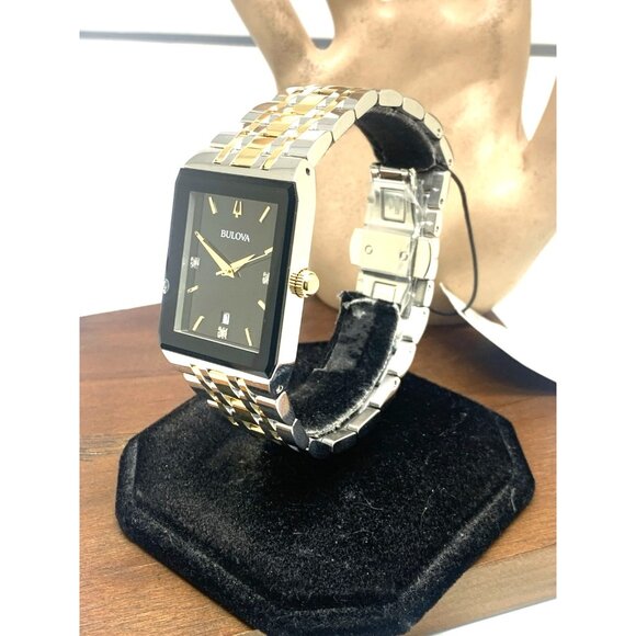 Bulova Men's Watch 98D153 Black Dial Diamond Accent Rectangle Two Tone Steel - Picture 2 of 15